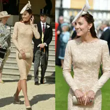 С длинным рукавом Кружева Красный ковер знаменитостей платья по колено Кейт Миддлтон шампанского и слоновой кости