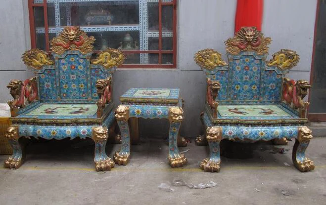

China Royal 100% Pure Bronze cloisonne Huge-Dragon Palace table chair Throne set