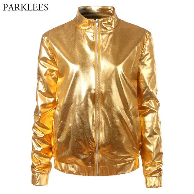 Gold Metallic Coated Women Jacket 2018 Brand New Stand Collar Zipper