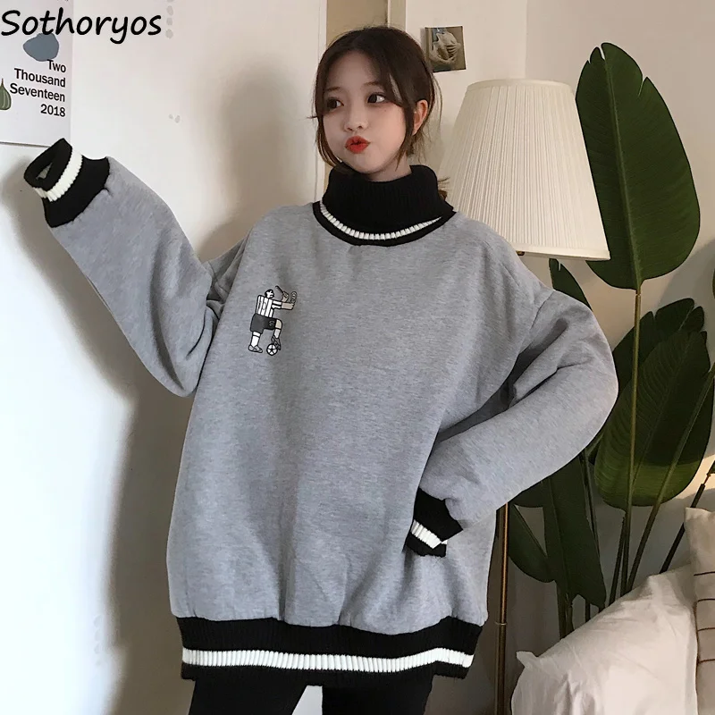 

Hoodies Women Thicker Warm All-match Turtleneck High Quality Female All-match Womens Korean Style Cartoon Cute Sweatshirts Daily