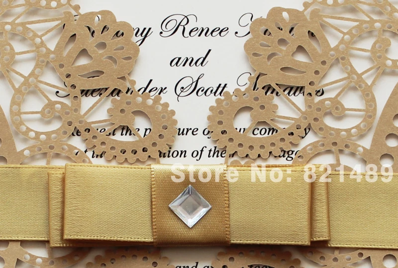  Golden and White Ribbon Wedding Invitation Cards; Royal Gold Laser Cut Wedding Invitation Cards - S - 32426416509