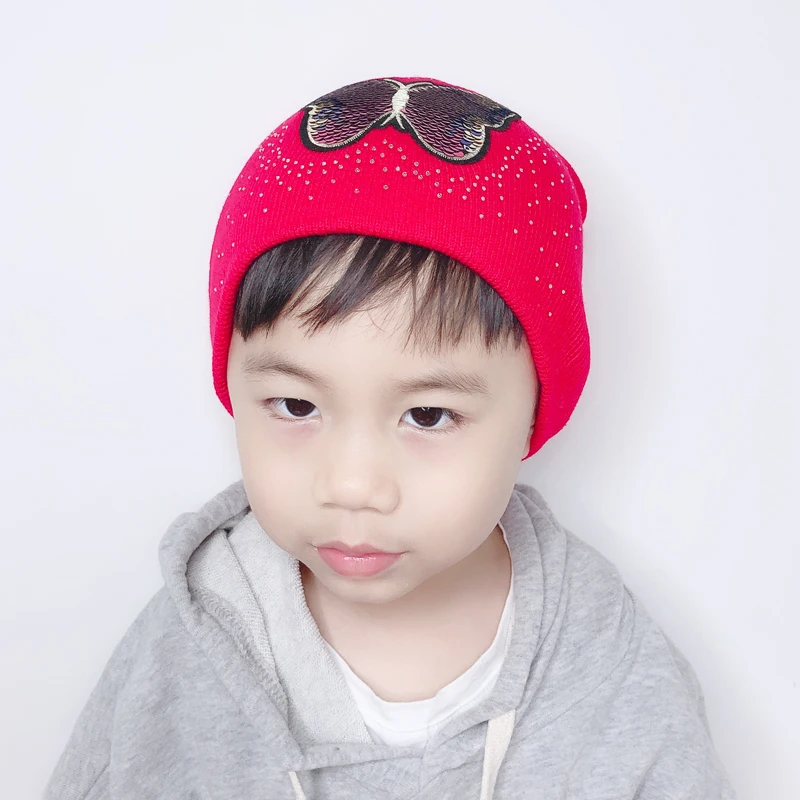 Girls Baby Beanie Winter Hat For Kids Cartoon Butterfly Sequin Winter Cap Children Warm Knitted Rhinestone Skullies Beanies