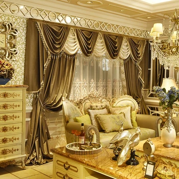 

Luxury high quality Brown silk readymade blackout shade curtains Italy emboidery curtain yarn/tulles can customize sizes valance