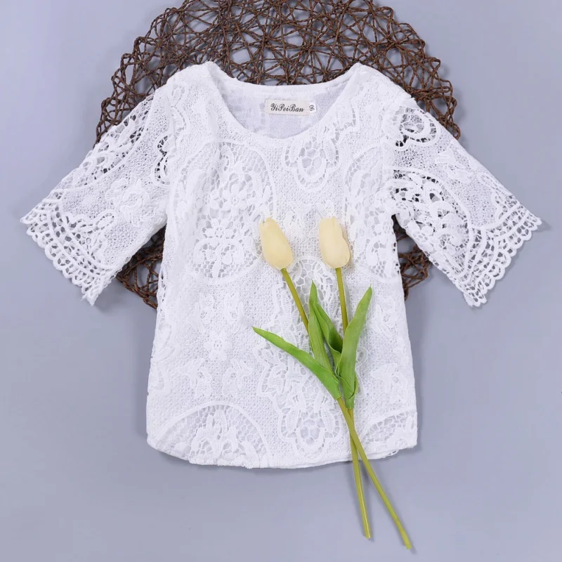 Spring Summer Baby Girls Blouses White Lace Hollow Tops Kids Shirts