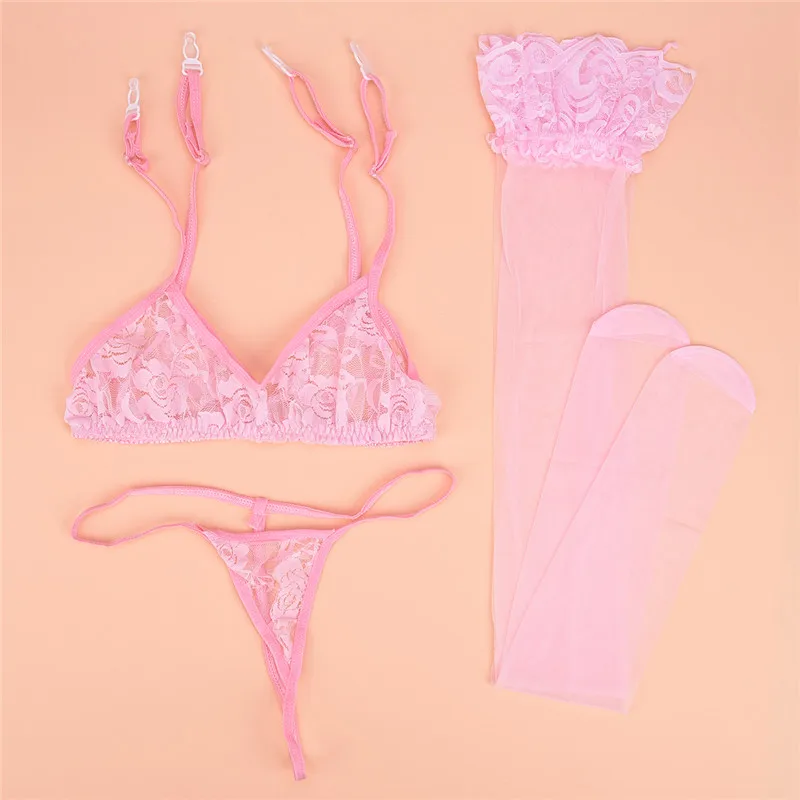 Sexy Women Suspenders Garter Belt+G String+Stockings Lingerie Set Erotic Floral Sheer Lace Garters Thigh High Erotic Lingerie 21