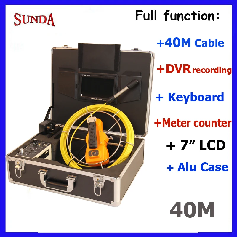 

40meter cable Video Snak Endoscope Camera 7inch LCD screen drain pipe inspection camera DVR keyboard meter counter free shipping