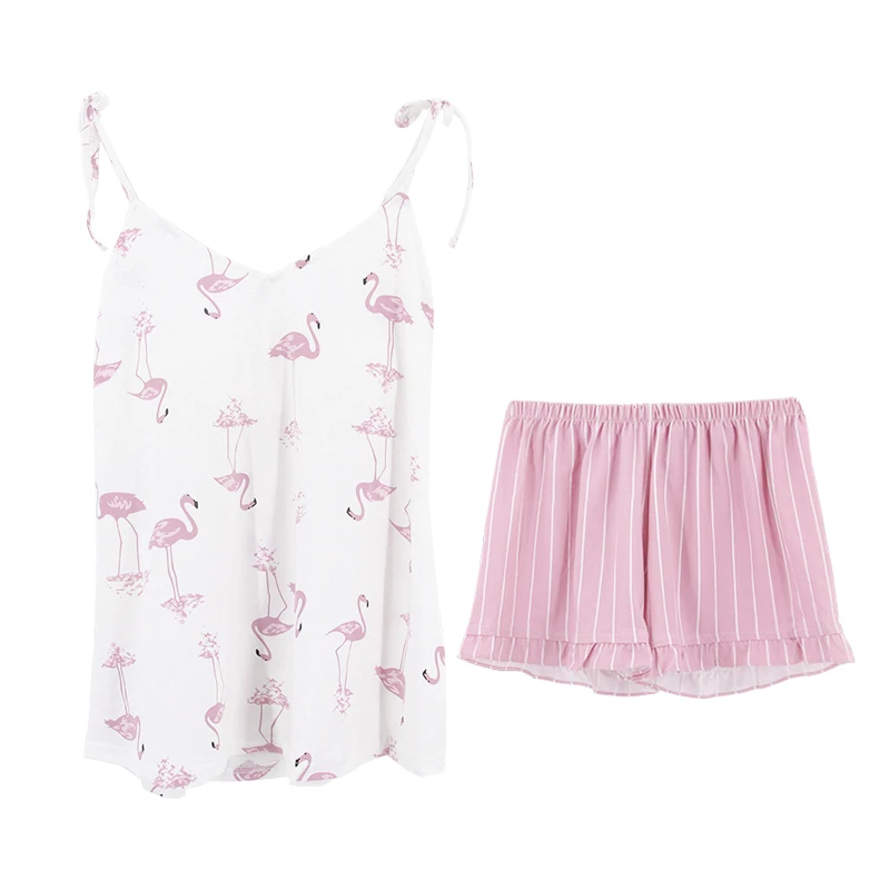 Caiyier, сексуальный хлопковый пижамный комплект, Розовый фламинго, летняя одежда для сна на бретельках с v-образным вырезом, топы без рукавов, шорты, повседневная одежда для сна