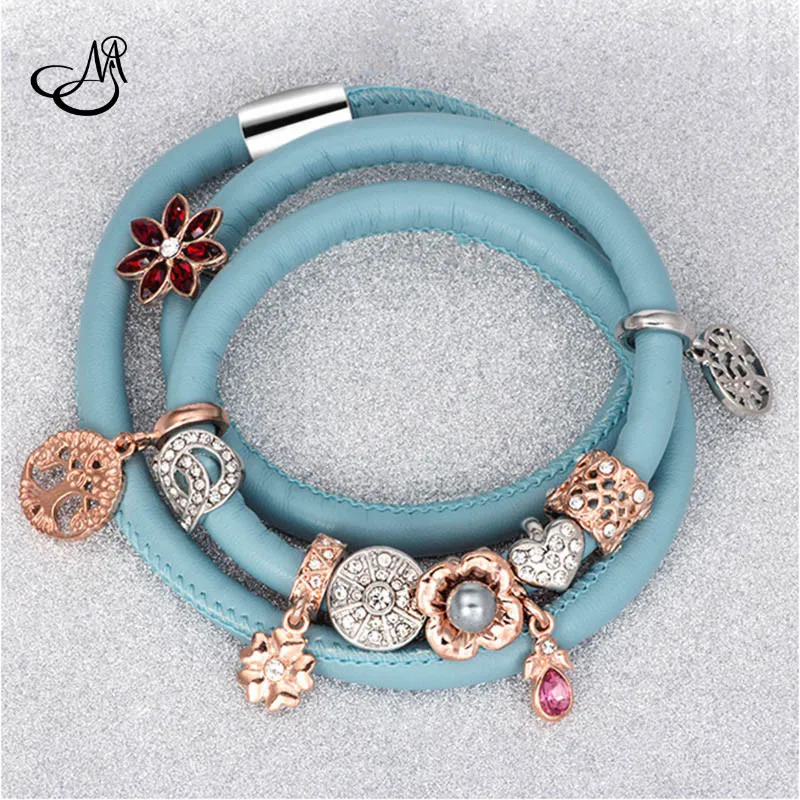 Blue Color 3 Layer Endless Charm Bracelet With Crystal Flower Tree