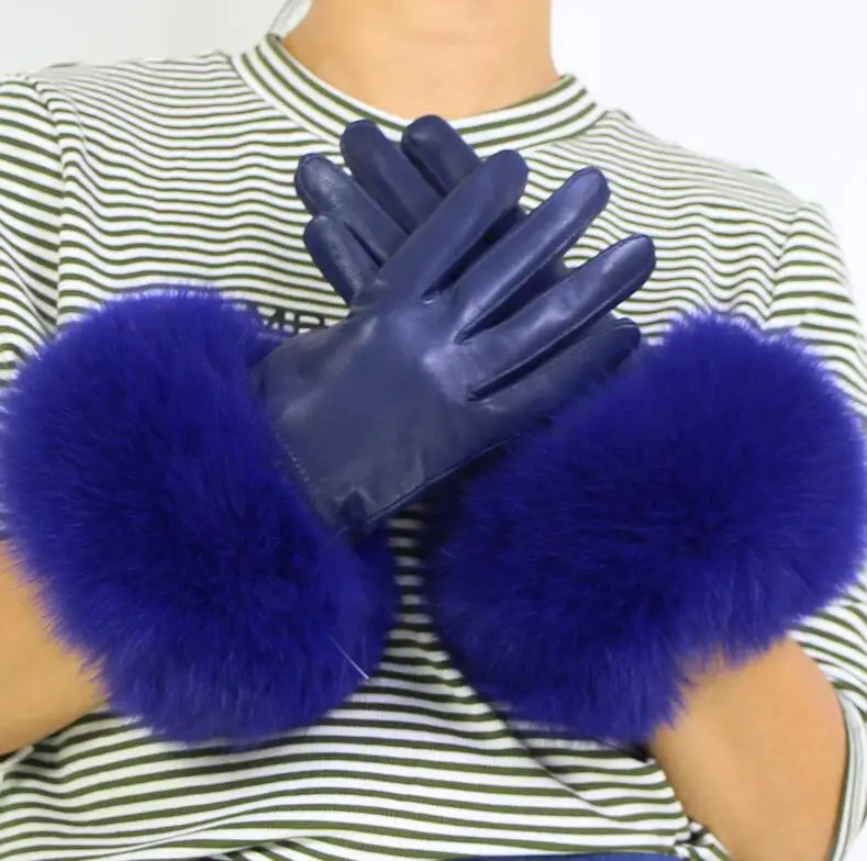 Женские перчатки из натуральной кожи, зимние теплые перчатки из натуральной овчины и лисьего меха, модный стиль, натуральный Пушистый Лисий Мех* harppihop - Цвет: navy blue