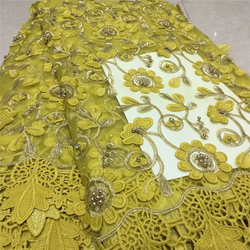 

High Quality Yellow Nigerian Mesh Lace Fabrics 2018 African French Guipure Lace Fabric With Beads Embroidered Lace Dress QZ11-2