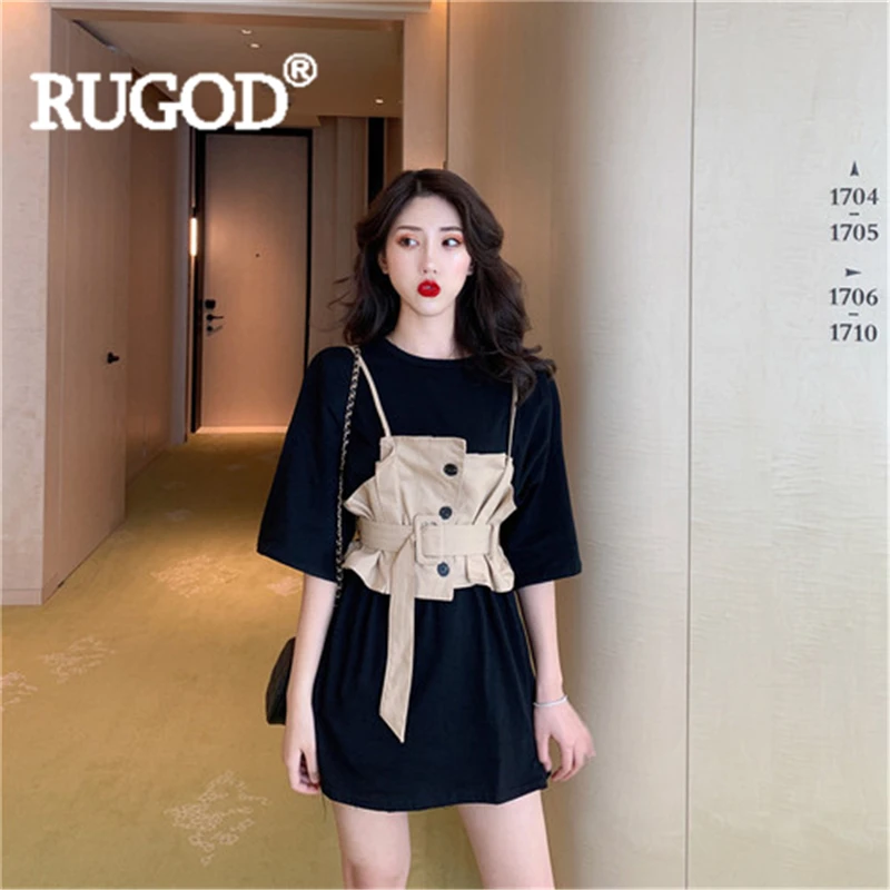 

RUGOD Women t shirt 2 pieces solid o-neck loose tee+short camis with belt 2019 new arrival fashion female elegant office top