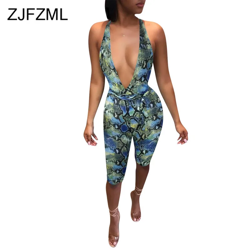 

Snake Print Sexy Fitness Playsuits For Women Deep V Neck Sleeveless Bodycon Jumpsuit Vintage High Waist Backless Short Bodysuit