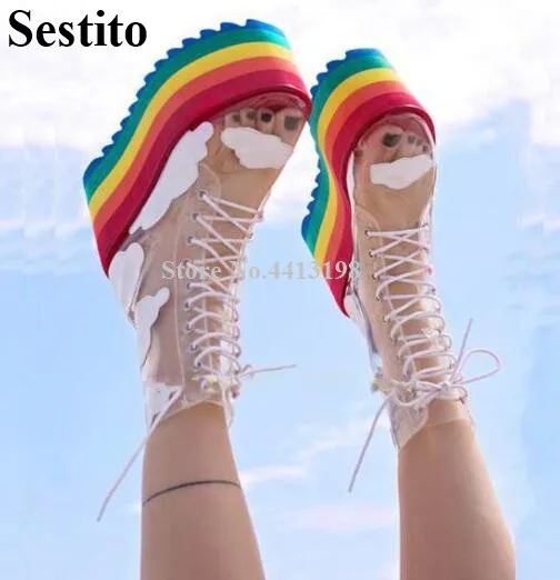 

Transparent PVC Melaleuca Cross-tied Round Toe High Wedges Heels Ladies Mid-Calf Short Boots Lace-Up Spring/Autumn Women Shoes