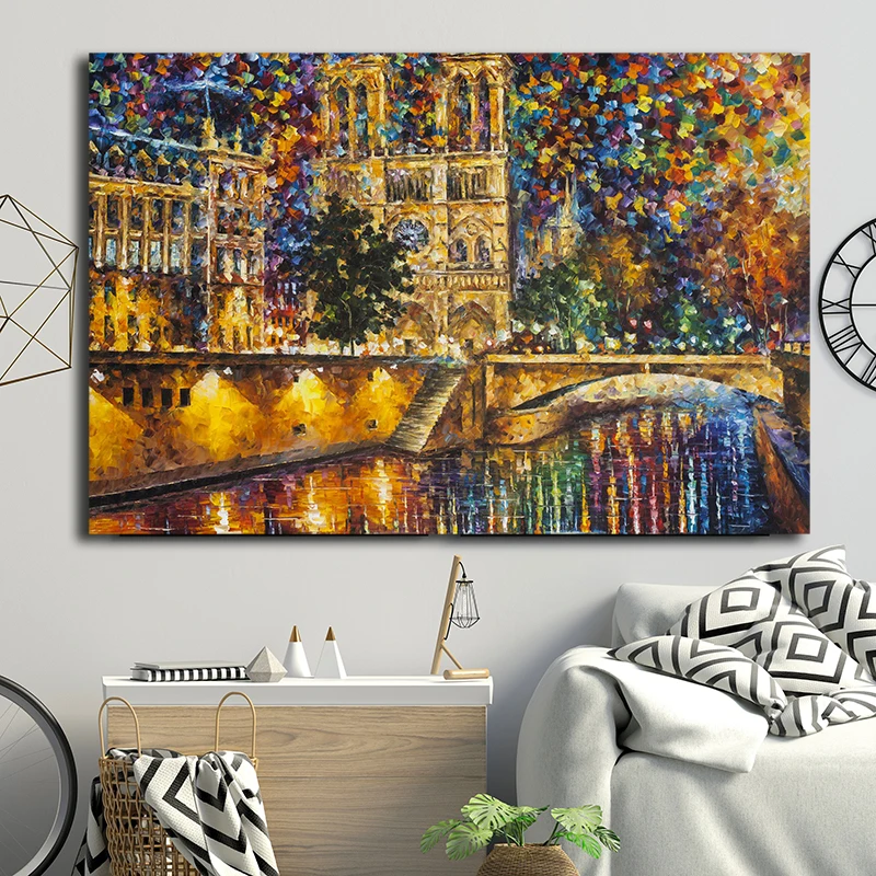 

Paris Notre Dame Cathedral Spatulate Church Bridge Canvas Painting Poster Prints Modern Wall Art Picture Living Room Home Decor