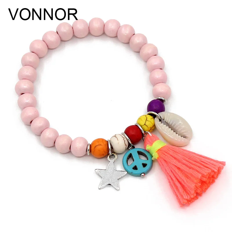 

VONNOR Jewelry Women Bracelets Bohemian Shell Tassel Colorful Wood Beads Charm Bracelet Boho Beach Accessories Dropshipping