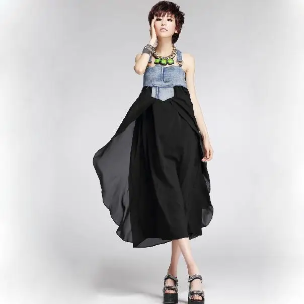 

new fashion denim overalls dress chiffon patchwork long summer girls dresses casual