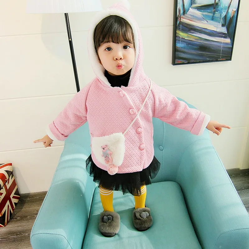 Baby girl Coat In Autumn and winter  Pure color dots Little bear bag Hooded jacket for Kids Children  (19)