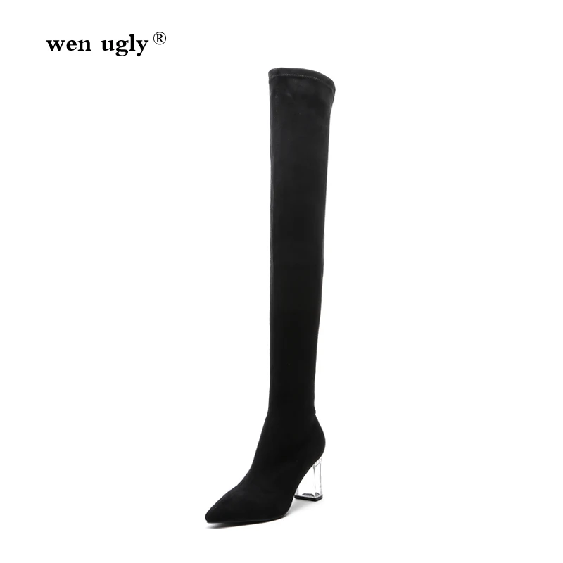 

wen ugly Transparent crystal with thigh high boots women's over the knee boots 2019 new winter women's boots pointed high heels
