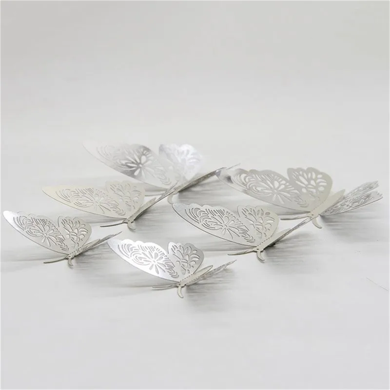 12pcs/Set 3D Hollow Butterfly Wall Sticker DIY 3Sizes Silver Gold for Party Wedding Decoration Butterflies Stickers Decor