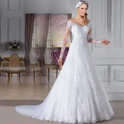 Линия с плеча vestido де noiva халат мантия-де-mariage дешевые свадебные платья кружева с длинным рукавом свадебные платья с развертки поезд