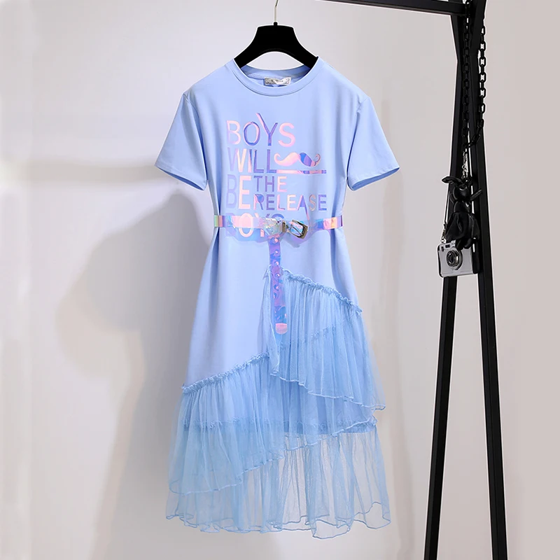 

2019 Summer Ruffles Long Dress Women Short Sleeve Mesh Patchwork T Shirt Dresses with Sashes Plus Size White Dress robe femme
