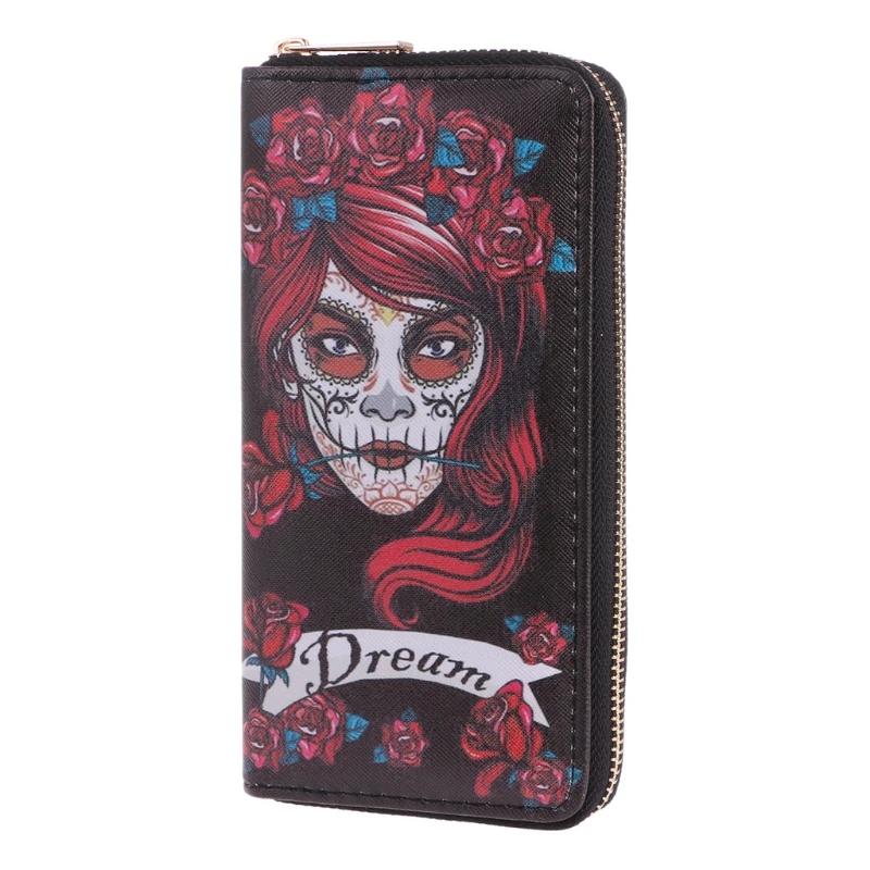 

Fashion New Women Skull Print Wallet Phone Pouch Clutch Purse Lady Female Long Handbag Card Case Holder Coin Pocket Bag