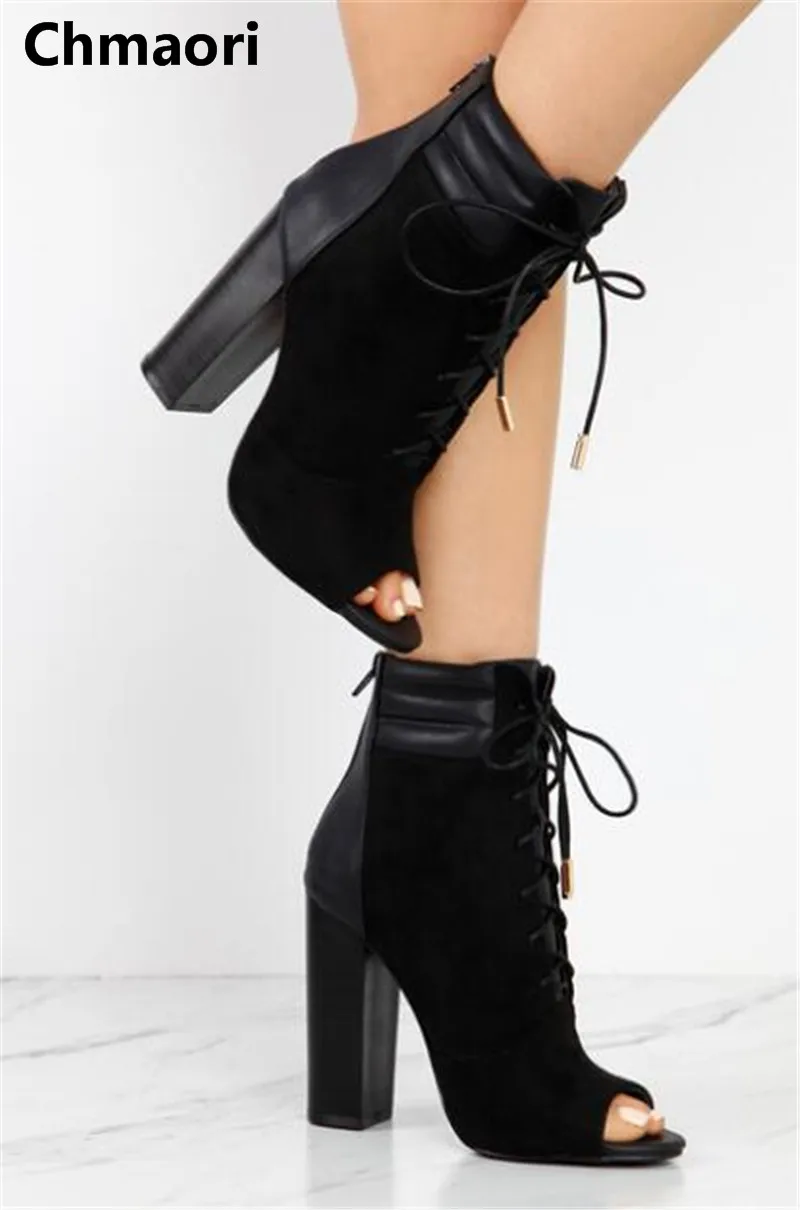 

2018 spring and summer peep toe square heel high Leather and suede stitching cross-tied black women ankle boots