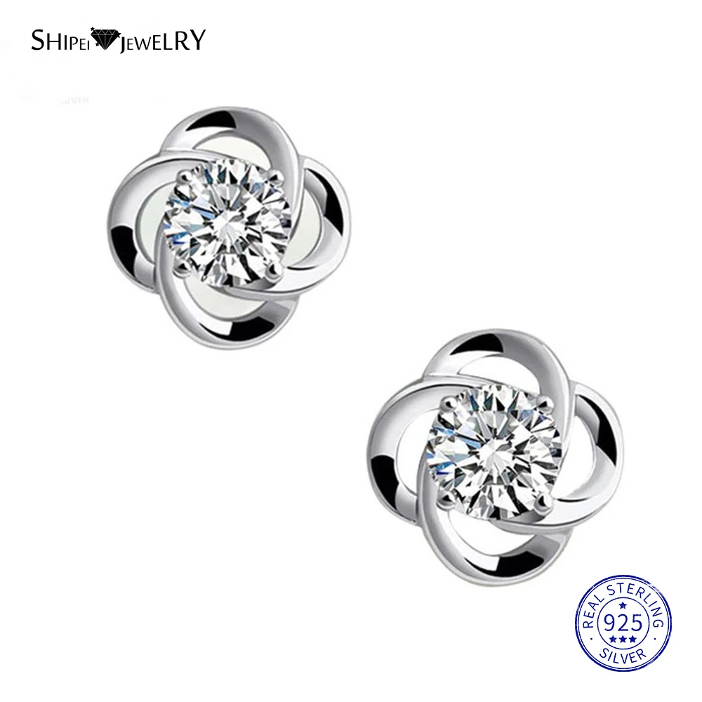 

Shipei 100% Sterling Silver Fine Jewelry White Gold White Sapphire Plum Blossom Stud Earrings for Women Female Anniversary Gift