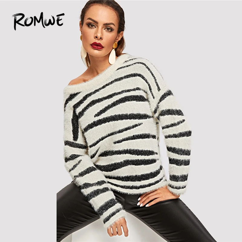 

ROMWE Black And White Drop Shoulder Fluffy Sweaters Fashion Womens Clothing Casual Autumn Long Sleeve Pullovers Jumper