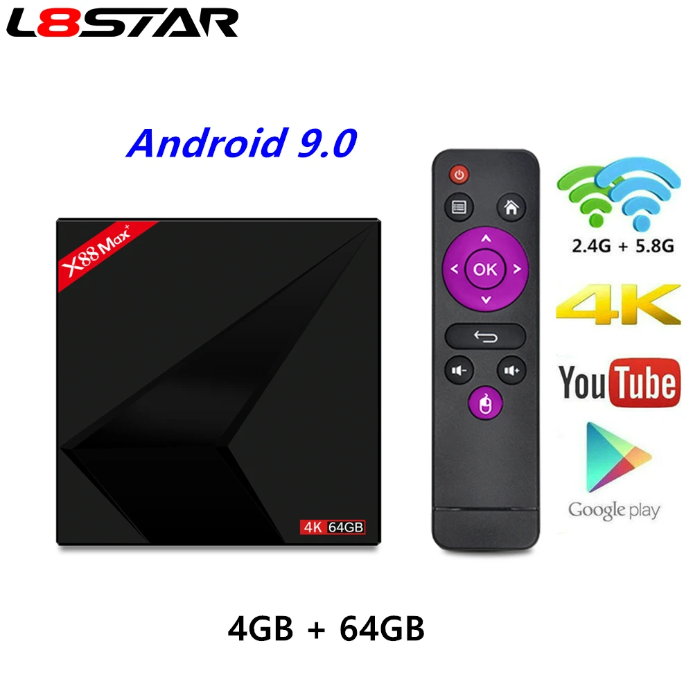 

L8STAR X88 MAX+ RK3328 4GB 64GB 2.4G+5G Dual WiFi Android 9.0 TV BOX Quad core Smart Tv box 4K Type-c USB 3.1 BT4.0 SET TOP BOX