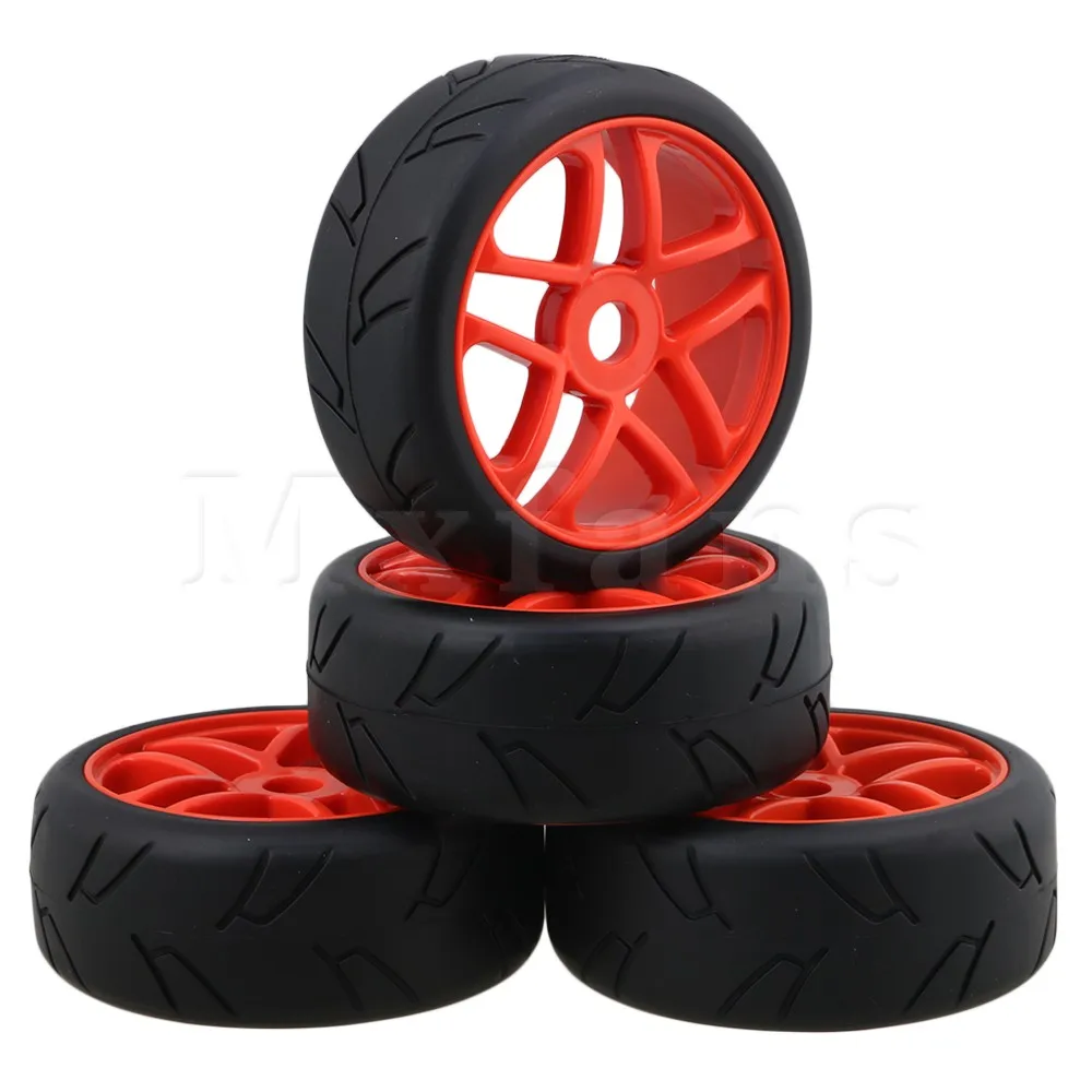 

Mxfans RC1:8 Off-Road Car Black H Pattern Rubber Tyre & Red Plastic Triangular 5-Spoke Wheel Rim with 17mm Drive Hex Pack of 4