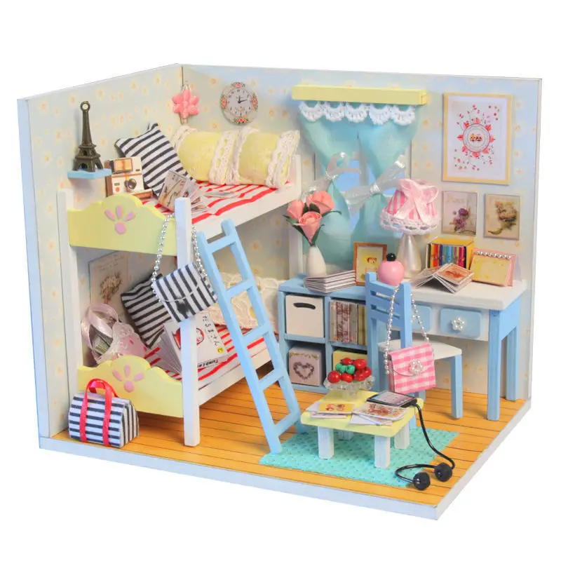 

New Mini Dollhouse Princess Cartoon Miniature DIY Kit with Cover and LED Wood Toy Dolls House Room Kids Gift