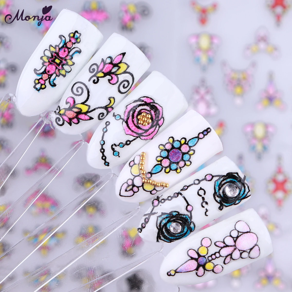 Monja дизайн ногтей роза цветок ожерелье шаблон самоклеющиеся наклейки 3D тисненые Кончики ногтей DIY маникюр наклейки украшения