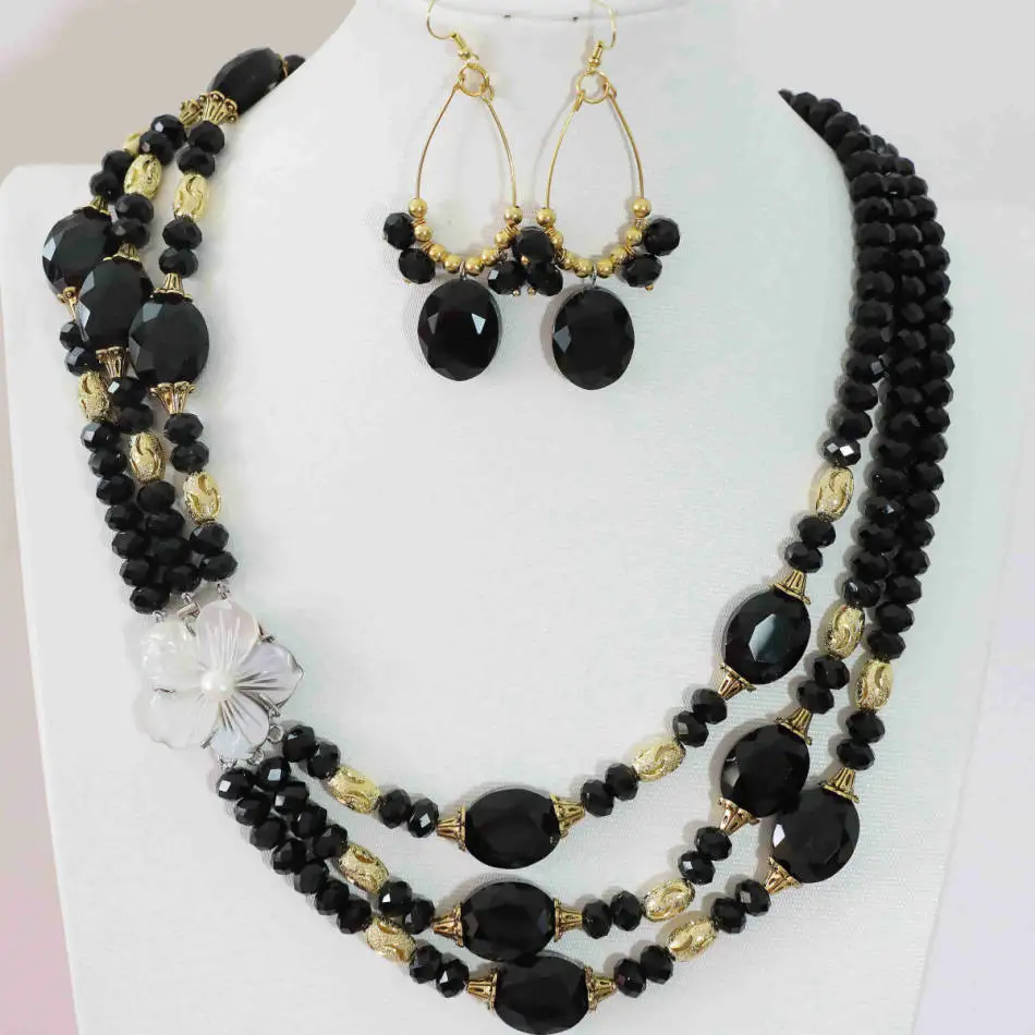 Elegant black crystal abacus oval beads shell pendant earrins 3rows necklace jewelry set 20-23″B1000