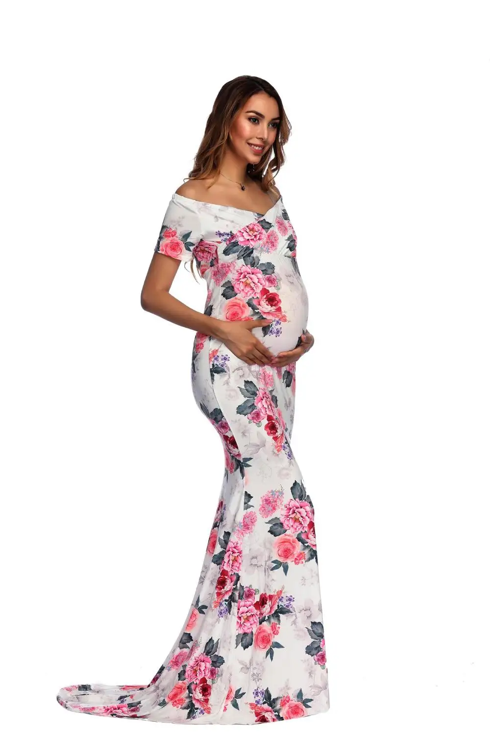 New Floral Maxi Maternity Gown For Photo Shoots Long Maternity Photography Props Pregnancy Dress Sexy Pregnant Dresses For Women (16)