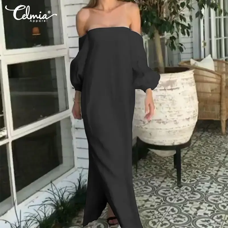 

5XL Women Elegant Party Dress 2019 Celmia Sexy Off Shoulder Casual Long Sleeve Solid Pockets Maxi Long Dress Plus Size Vestidos