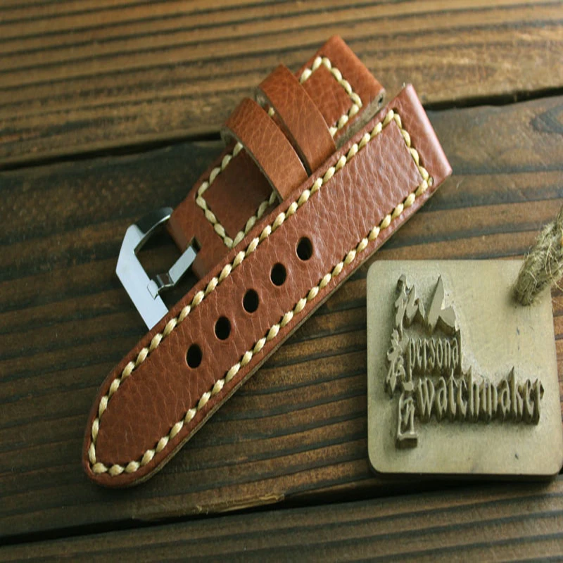 

T-AMQ 24mm Handmade Brown Genuine Italian Cowhide Leather Watch Band Men Wristwatch Strap For Panerai PAM Bracelet Watchband-37
