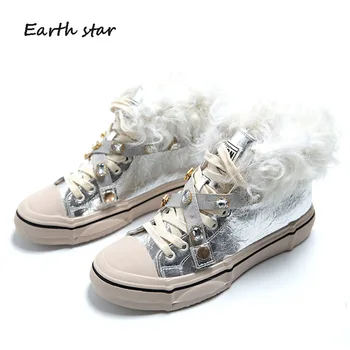 

Crystal Shoes Women Sneakers High Top zapatillas mujer Winter Lady Rhinestone footware Warm chaussures femme with Fur Cross-tied