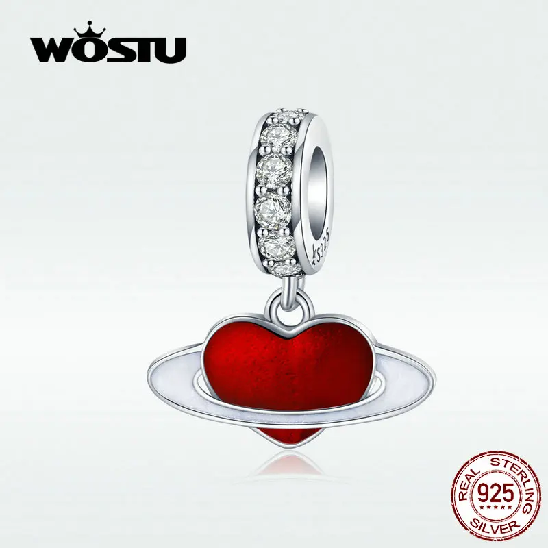 

WOSTU S925 Red Love Heart Planet Charms Dangle 2019 New Design 100% Real 925 Sterling Silver Pendant Beads Fit Bracelet DXC1165