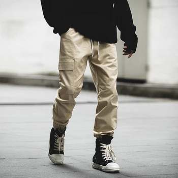 

Mens Cargo Pants Cotton Khaki Black Streetwear Regular Fit Ankle Pant Elastic Waist Casual Trousers For Man 2020 ss
