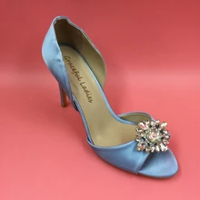 Real Image Satin Blue Women Pumps Slip on Rhinestones Wedding Shoes Women High Heels Custom Large