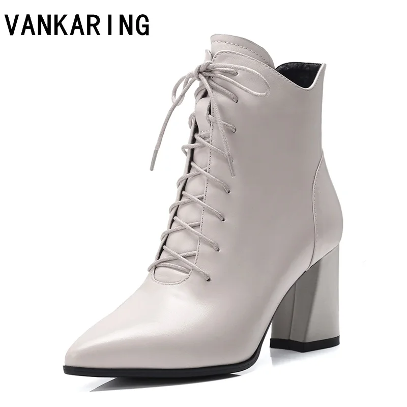 VANKARING classic lace-up women boots genuine leather ankle boots pointed toe women shoes square high heel winter boots women VANKARING classic lace-up women boots genuine leather ankle boots pointed toe women shoes square high heel winter boots women