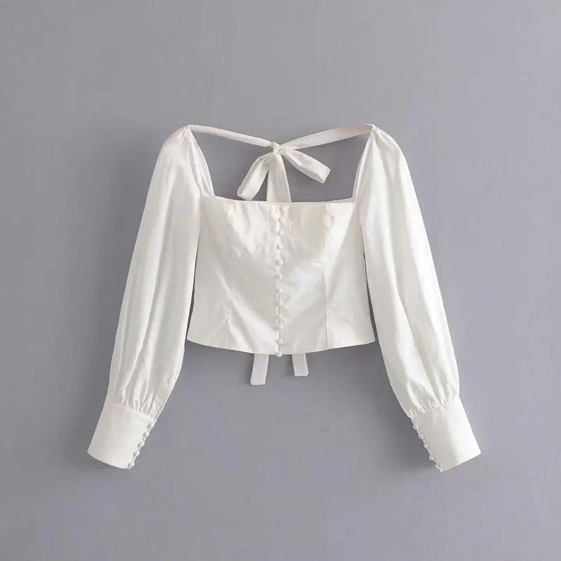 

Spring Women Vintage Retro Lace Up Blouses Square Collar Puff Sleeve Female Short Style Shirts White Buttons Casual Tops Blusas