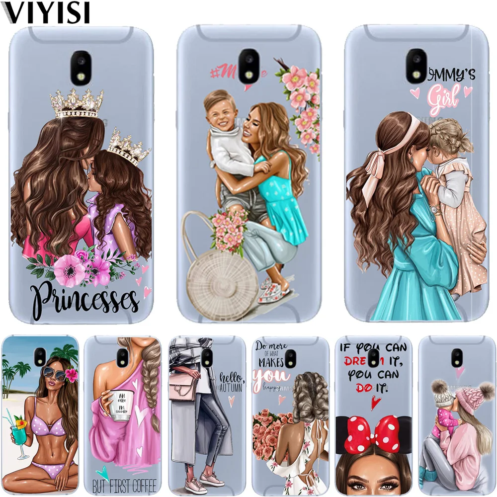 

Luxury Black Brown Hair Baby Mom Girl Queen Princess Etui Phone Case For Samsung galaxy J3 J5 J7 J8 J6 J4 Plus 2017 2018 Coque