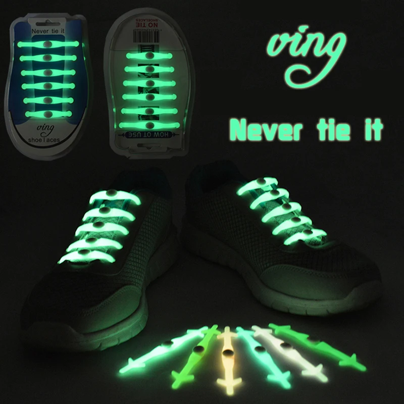 JUP1-12Sets(12Root/Set) Phosphors Noctilucent Fashion Girls Women Sport Men Running Shoe No Tie Laces Elastic Silicone Shoelace