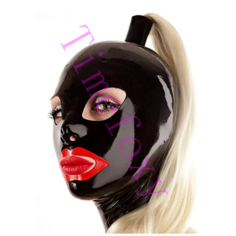 

Latex Hood Mask with Red Mouth and Eyes Nose Open with Zipper with Ponytail without Hair Latex Mask