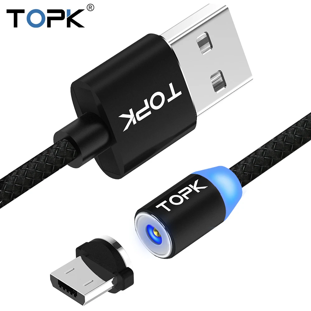 TOPK R-Line1 светодиодный магнитный кабель usb type-C и Micro USB кабель в оплетке провода магнитный кабель для зарядного устройства для iPhone X 8 7 6 Plus USB-C