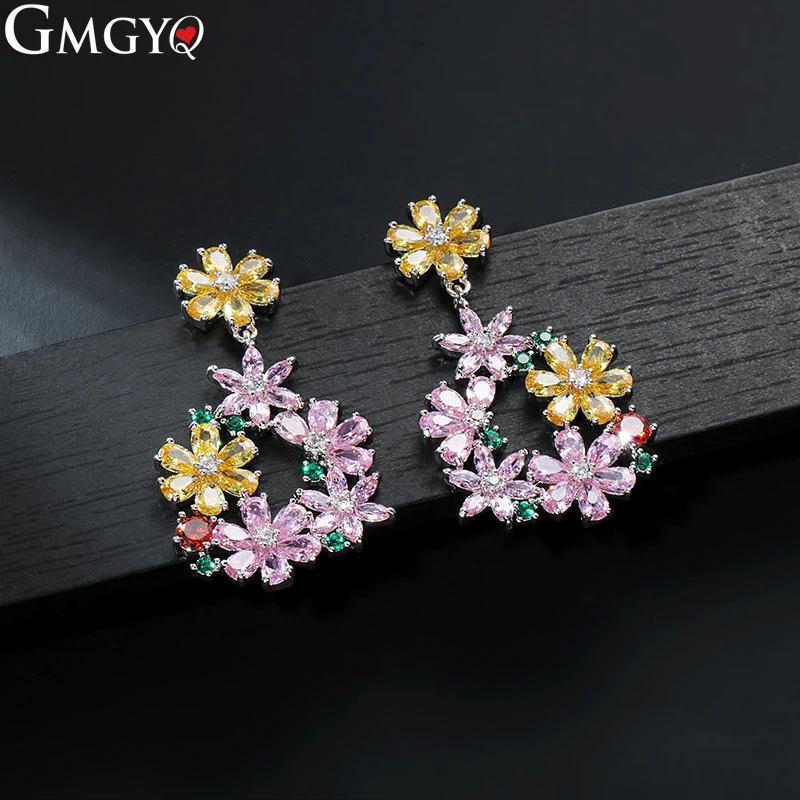

GMGYQ Luxurio Design Beautiful Geometric Petal cz Zirconia Flower Big Multi Color Earring Jewelry For Women Dress Accessories