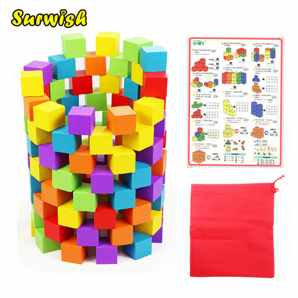 

Surwish 100Pcs Colorful Wooden Cube Blocks Set for Kids Play Intelligence Building and Stacking Blocks Education Toy