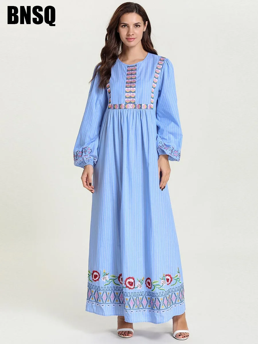 BNSQ/детское Повседневное платье для родителей и ребенка мусульманское голубое платье в полоску с длинными рукавами и пышными рукавами для мамы и дочки